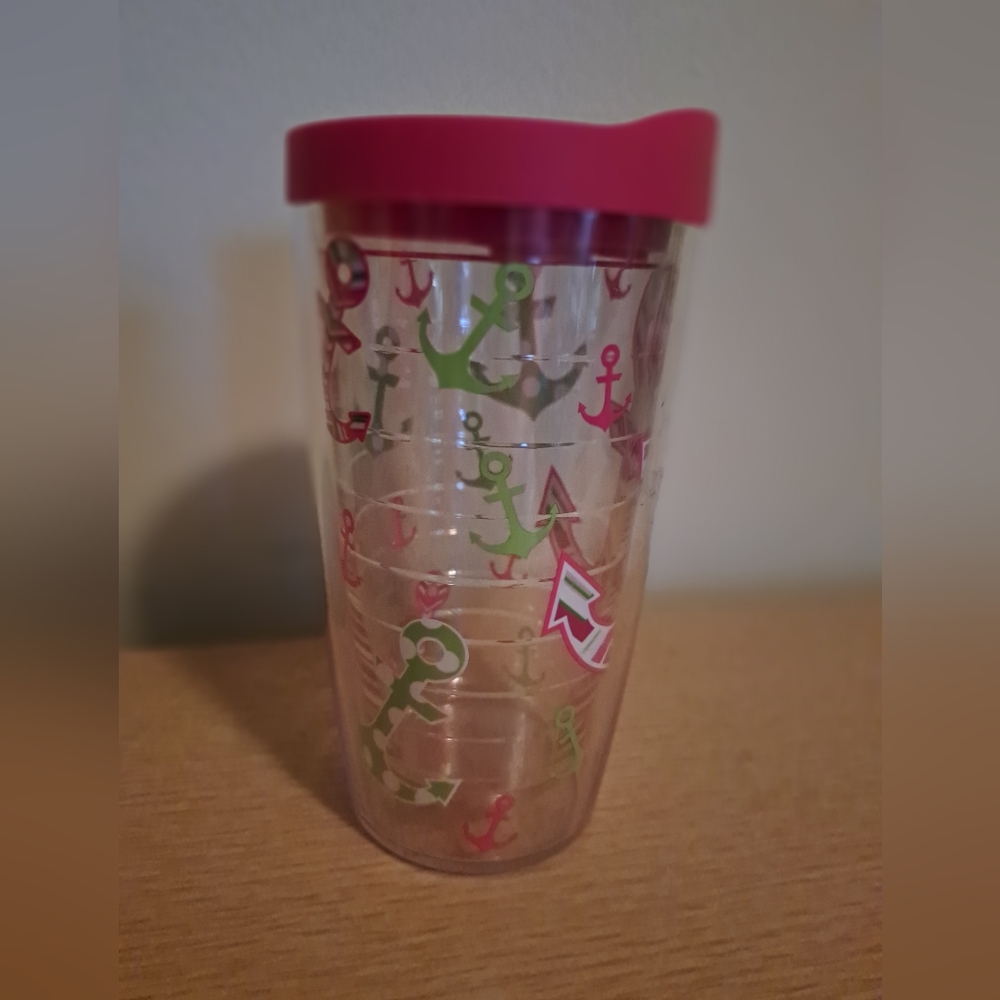 Tervis 12oz Anchors Aweigh Pink And Green Anchor Design Tumbler W/Lid EUC